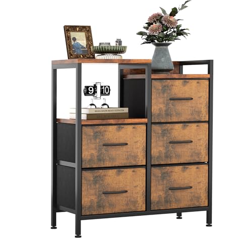 MUTUN Kommode, Schubladenschrank mit Stoffschubladen, Sideboard für Schlafzimmer/Wohnzimmer/Flur, 5 Schubladen mit Griffen, Schrank mit Metallgestell,Vintagebraun