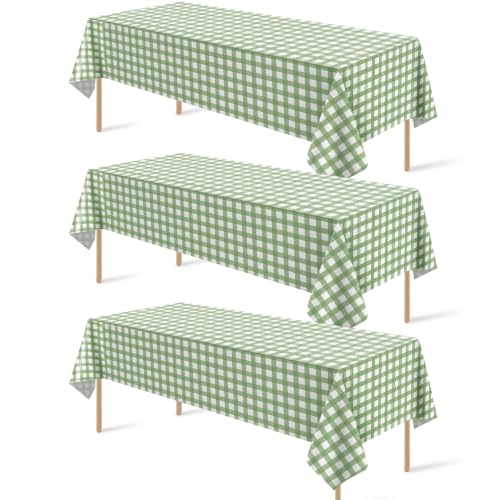 Image of 3 Pack Sage Green Plastic Checkered Tablecloth, Premium Decorative Disposable Sage Green Gingham Plaid Table Cloths for Parties, Rectangle Party Table Cover for Picnic Birthday Wedding, 54x108 Inch