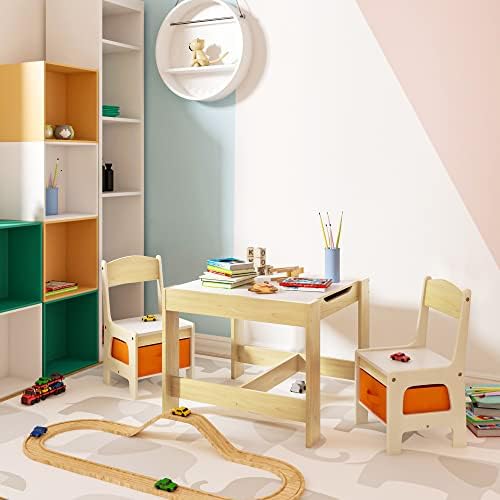 WOLTU Table with 2 Chairs Wooden Kids' Children's Desk Stools Set for Preschoolers Boys and Girls Activity Build & Play Table Chair White Set SG002