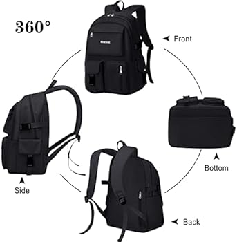 Fandare Casual Rugzak, schooltas met laptopvak 15,6 inch, waterdicht polyester, voor meisjes en jongens, reizen, vrije tijd, werk, zwart (A), Large