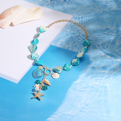 Image of Coiris Natural Seashell Choker Necklaces Earrings Jewelry Set for Women Starfish Shell Freshwater Pearl Collar Necklaces for Women Irregular Mother of Pearl Jewelry Set