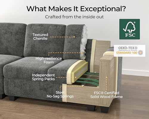 Image of Oversized Modular Sectional Sofa, Comfy Cloud Couch with Reversible Chaises Extra Deep U-Shaped Sleeper Sofa Bed for Living Room, Covers Washable, 6-Seater with 2 Corners, Chenille, Grey