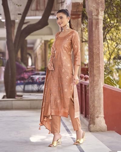 Image of Shaily Premium Silk Blend Woven Design Readymade Kurta with Pants and Dupatta Set | Ethnic Set | 3-Piece Suit Set | Haldi and Wedding Suit Set for Women