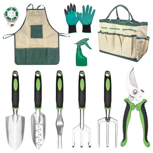 Absyrony 11 Stück Gartengeräte, Garten Zubehör mit Ergonomischer Anti-Rutsch-Griff, Gartenwerkzeug Set, Gartenzubehör, Gartenschaufel, Gartenset Werkzeug, Stabil Gartengeräte Set für Gartenliebhaber