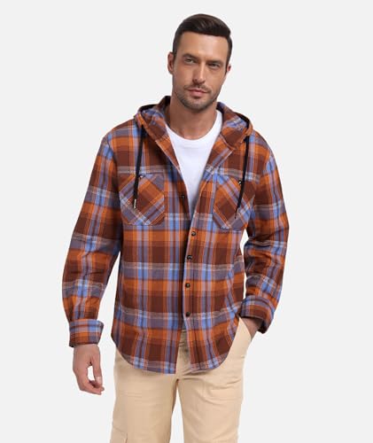 Flannel Hoodie Shirts for Men Long Sleeve Hood Casual Plaid Button Down Hooded Shirt Jacket with Pocket Orange Blue — view 2