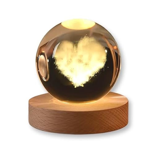 TENET Sfera di Cristallo 3D con Base in Legno, Lampada LED da Notte, Decorativa Illuminazione d'Atmosfera (CUORE)