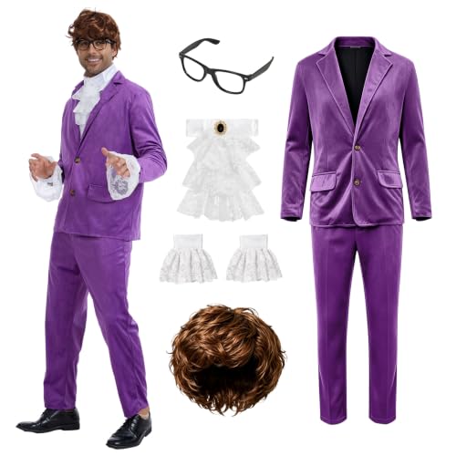 WLZGHZY Mens Spy power Costumes 60s 70s Retro Swinger Funny Sets(Purple,L) | Including a wig, wig cap, glasses and collar, suitable for disco parties, role-play, stage performances