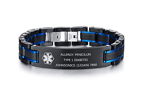 Mealguet Personalized Free Engraving Men's 2-Tone Black Blue Masculine Stainless Steel Medical Alert Id Bracelet For Men #TOP19