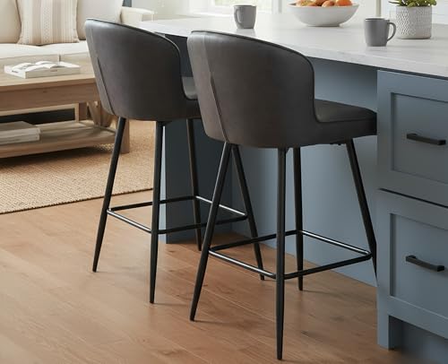 Image of EALSON 26 Inch Counter Height Bar Stools Set of 2 Leather Counter Stools with Back Modern Comfortable Bar Chairs with Metal Footrest Upholstered Kitchen Island Stool for Home Bar Dining Room, Grey