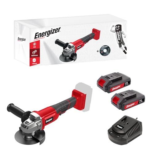 Energizer - Amoladora angular inalámbrica de 20 V, 125 mm, 2 baterías de 20 V, 2 AH + cargador rápido, uso en metal, piedra, cemento, cemento, cemento y mármol, mango suave agarre y auxiliar - 1 disco