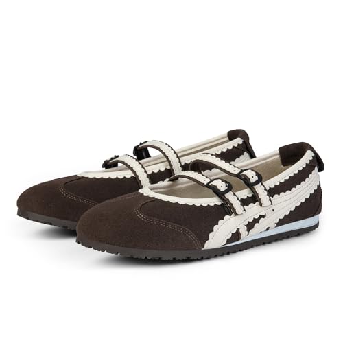 Adolilove Ballet Flats for Women Ballerina Sneakers Mary Jane Walking Shoes Slip On with Memory Foam Insole with Elastic Straps Comfortable Casual Lightweight, Brown White, 8