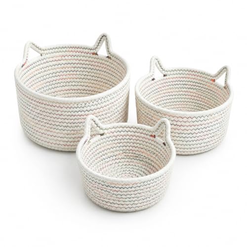 Image of Small Woven Baskets | Mini Storage Bins | Cotton Rope Baby Nursery Organizers | Cute Round Cat Ears Basket for Organizing Desk Decor Kids Toy Dog Cat Baby Girls Gift-Set of 3 (White mixed Colors)