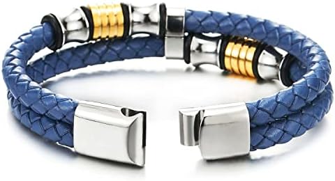 COOLSTEELANDBEYOND Men's Double-Row Black Braided Leather Bracelet - Stainless Steel, 8.46" Length