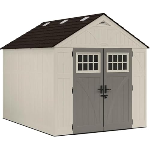 Suncast 8x10 Ft. Outdoor Storage Shed - Large Resin Outdoor Shed with Floor Included, Lockable Double Doors & Skylights. 547 Cu Ft Tremont Garden Resin Sheds for Lawn Tools, Riding Mowers, & Bikes