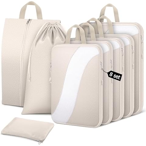 8 Set Compression Packing Cubes Travel, Expandable Travel Cubes for Carry on Luggage, Suitcase Organizer Compression Bags for Travel Essentials, Beige Cover