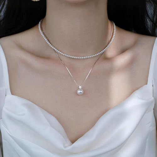 قلادة من اللؤلؤ والمويسانيت والماس المصنوع في المختبر، فضة عيار 925 مطلية بالذهب الابيض عيار 18 قيراط، قلادة لؤلؤ المياه العذبة، هدية للنساء