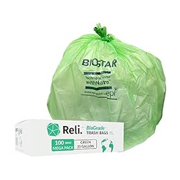 Reli. Biodegradable 33 Gallon Trash Bags, 100 Count, Green Eco Friendly, Degradable Under Certain Conditions, Custom-Fit for Compactor