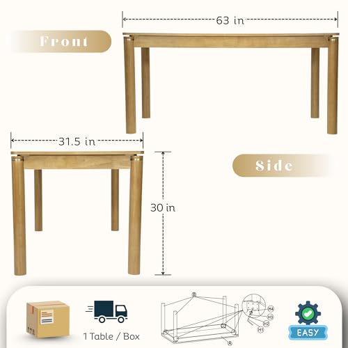 Image of Hyfirm Solid Wood Dining Table for 4-6, 63 Inch Mid Century Modern Rectangular Kitchen Table with Gold Ring Decoration, Farmhouse Dinner Table for Dining Room /Home Office /Restaurant, Natural