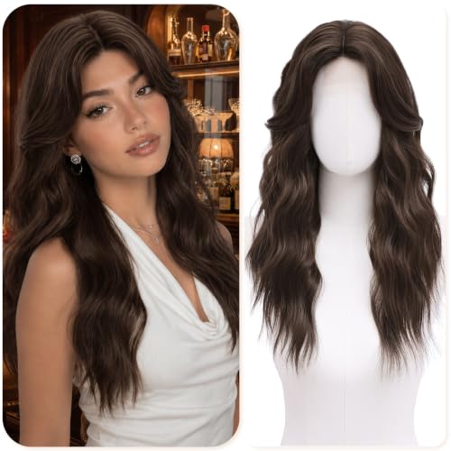BUPPLER Dark Brown Wigs for Women 22 Inch Middle Part Wavy Synthetic Wig