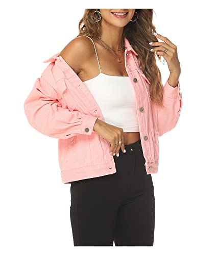 Lifeshe Women's Basic Button Down Denim Jean Jacket Coat Pink #TOP1