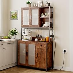 Dripex Küchenschrank 181cm Hoher Buffetschrank mit Arbeitsplatte, mit Steckdosen, Vorratsschrank Küche mit 5 Türen und eine Schublade, Hochschrank Küche für Wohnzimmer Esszimmer Bar, Industrie-Design