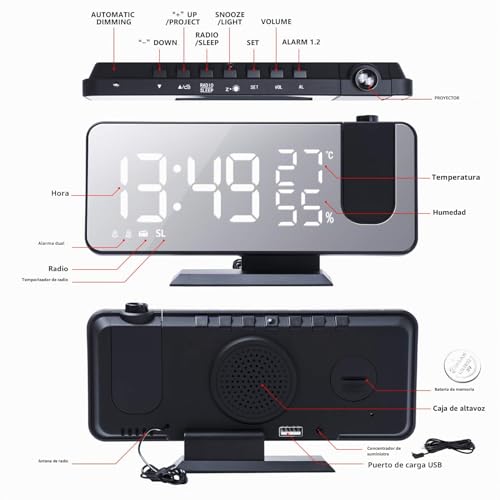Miniatura 2 de Despertador De Proyección Reloj Digital Led Con Cargador Puerto Usb Alarma Dual Radio Fm, Temperatura Humedad 12 24h, Volumen Ajustable Brillo, Negro