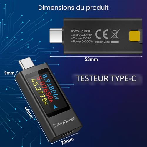SunnyOcean Testeur USB C, Multimètre Numérique Type-C, Voltmètre PD 4-30V 0-12A 0-360W, Testeur de Courant, Power Meter, Testeur de Capacité USB, Détecteur de Puissance – vue 6