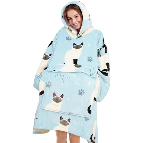 Narecte Oversized Blanket Hoodie Wearable Blanket Sweatshirt for Women Adults Soft Hooded Blanket Warm Oversized Hoodie Blanket Birthday Gifts for Women Christmas Gift for Friends Female Blue Cat