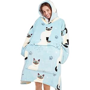 Oversized Blanket Hoodie Blanket for Women,Wearable Blanket Adult Giant Hoodie Cozy Kawaii Stuff,Birthday Gifts for Women,Christmas Gifts Blue Cat