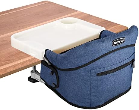 Hook On High Chair, Jozzve Clip on High Chair with Removable Dining Tray for Babies and Toddlers, Fold-Flat Storage Portable Baby Feeding Seat, Attach to Fast Table Chair for Home Travel (Navy)