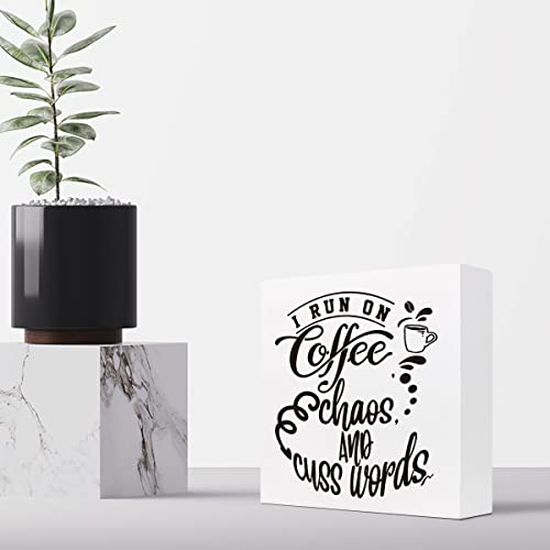 I Run On Coffee Chaoswood Box Sign Desk Decor,Funny Coffee Wood Block Plaque Box Sign Desk Decorations For Home Kitchen Office Cafe Coffee Bar Man Cave Desk Shelf Table Decor #TOP3