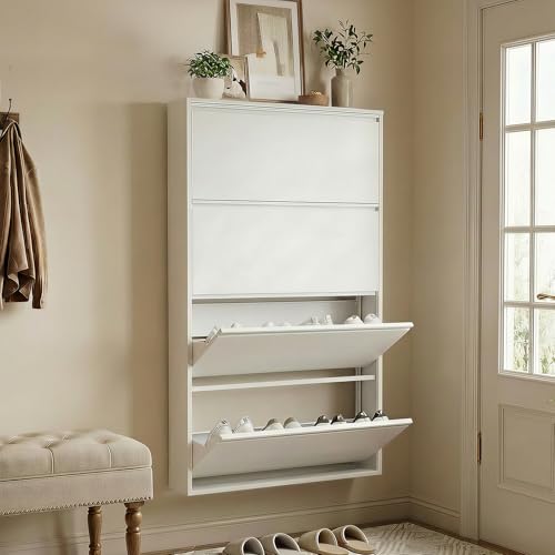 Eleantcraft Shoe Cabinet with 4 Flip Drawers, Slim Metal Wall-Mounted