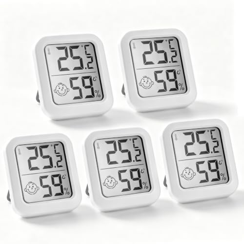 Lot de 5 mini thermo-hygromètres d'intérieur avec interrupteur | Support 3 en 1 avec aimant et support pliable, bouton °C/°F, smiley à 3 niveaux pour protection contre la moisissure