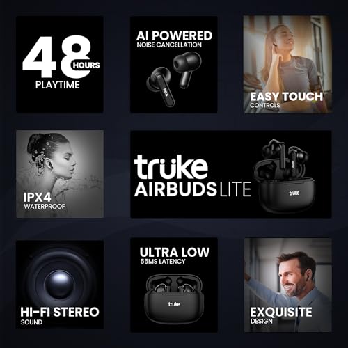 Image of truke Air Buds Lite True Wireless in Ear Earbuds with 10H Single Charge Playtime, Gaming Mode, ENC, AAC Codec, Bluetooth 5.1, IPX4 (Black)