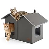 Bedsure Weatherproof Outdoor Cat House - Extra Wide Insulated Feral Cat Shelter with Raised Base in Winter, Waterproof Outside Pet Hideout for Stray Kitty, 22.5x12.5x13.25inches, Grey