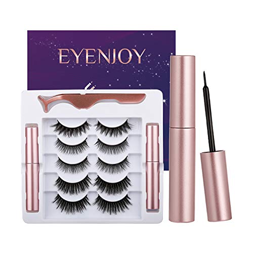 Magnetic Eyelashes and Magnetic Eyeliner Kit, Magnetic Eyelashes with Eyeliner, 5 Pairs Reusable Magnetic Eyelashes with Tweezer, False Lashes