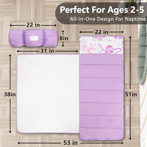 Image of Primlect Toddler Nap Mat, Portable Rolled Sleeping Mat | 51 inchx31 All-in-One Sleeping Bag with Removable Pillow and Soft Blanket, Machine Washable, for Daycare Travel, for Boys Girls
