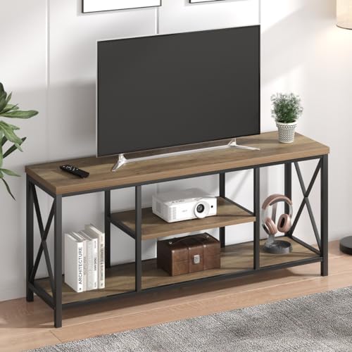 FOLUBAN TV Stand for TV up to 65 inch, Rustic Wood and Metal Entertainment Center with Storage Shelves, Modern Industrial Media TV Console Table for Living Room, Oak 55 inch - Image 8