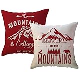 2Pack Camper Throw Pillow Covers Outdoor Adventure Mountain Forest Trees Pillowcases 18 x 18 Inch The Mountains are Calling Adventure Decorative Cushion Covers for Cabin/Camper (Red)