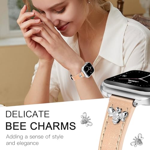 Image of JR.DM Slim Leather Bands Compatible with Apple Watch Band 38mm 40mm 41mm 42mm 44mm 45mm 46mm 49mm, Genuine Leather Band with Charms, Feminine Design for Iwatch Ultra SE Series 11 10 9 8 7 6 5 4 3 2 1