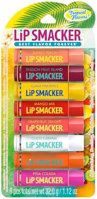 Lip Smacker Flavored Lip Balm Tropic Fever 8 Count (Pack of 1), Passion Fruit, Peach, Breezey-Teazey, Pina Colada, Grapefruit, Coca Cabana, Tangerine, Mango, Clear