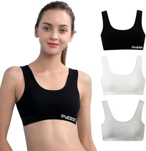 INNERSY Bustier Mädchen Baumwolle Sport BH ohne Bügel Bralette Mehrpack 3 | Sports Bra Kinder bis Teenager 6-16 Jahre, Bauchfreie Tops mit Breiten Trägern, Bügelloser Büstenhalter