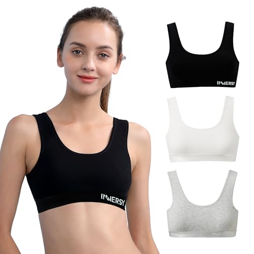 INNERSY Girls Sports Bra Cotton Crop Tops Non Padded Training Bras Kids to Teens 6-16 Years 3 Pack