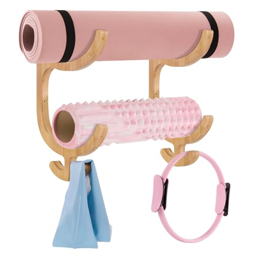 Wooden Yoga Mat Wall Holder with 4 Hooks