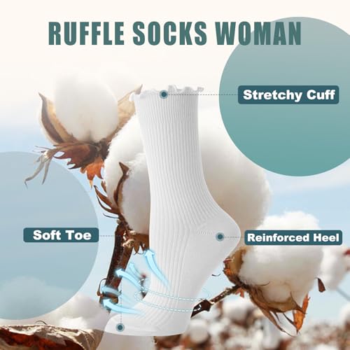 BISOUSOX Ruffle Socks Woman, White Crew Cute Frilly Ankle Lettuce Dress Socks for Women Girls Turn-Cuff Size 5 7-93