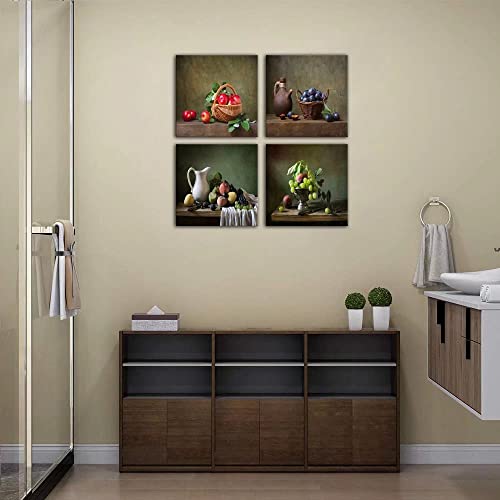 Heatsprits Retro Fruit Wall Art Still Life Oil Paintings Apple Grapes Canvas Wall Decor Vintage Farmhouse Rustic Pictures For Kitchen Dinning Room Framed Prints Ready To Hang(12''W X 12''H X 4) #TOP2