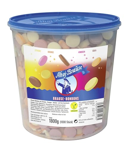 Frigeo Ahoj-Brause, Die Klassiker: runde Bonbons in den vier Geschmacksrichtungen Zitrone, Orange, Himbeere und Cola, 1000 Stück im Eimer (1,8kg) Frigeo Ahoj-Brause, Die Klassiker: runde Bonbons in den vier Geschmacksrichtungen Zitrone, Orange, Himbeere und Cola, 1000 Stück im Eimer (1,8kg)