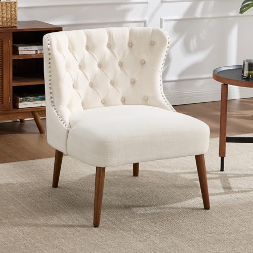 chairus Tufted Slipper Accent Chair, Armless Living Room Chair with Nailhead Trim, Mid-Century Modern Upholstered Wingback Side Chair for Bedroom Small Space, Cream White Linen