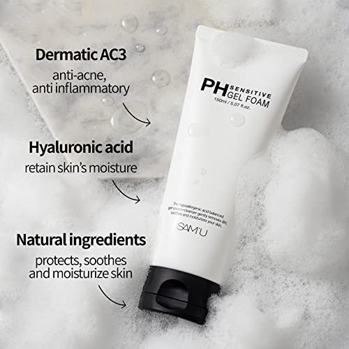 Sam’u Ph Sensitive Gel Foam | Daily Face Wash For Sensitive Skin | Hydrating Facial Cleanser W/Hyaluronic Acid & Centella Asiatica | Korean Face Wash Foaming Cleanser (Pack Of 1, 5.07 Fl Oz.) #TOP3