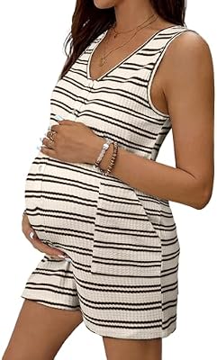 BLENCOT Women's Maternity Jumpsuit – Sleeveless Striped Romper with Button Front, Wide Leg Pants, Po...